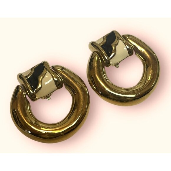 Givenchy ~ Large Vintage 80’s Dangle Drop Door Knocker Enamel Gold Tone Earrings - Picture 4 of 10